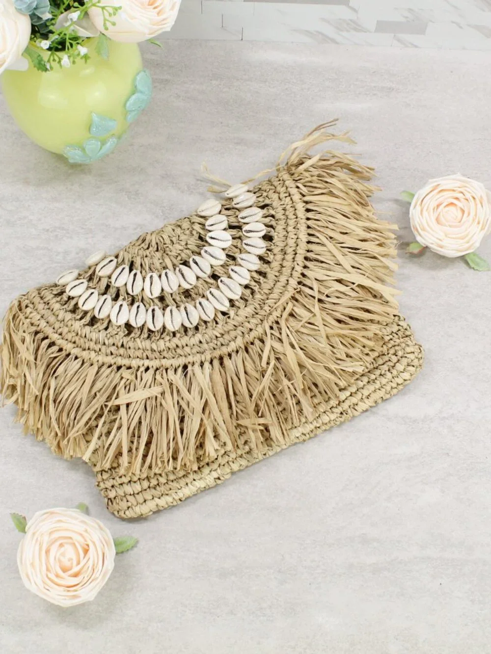 Handmade Boho Raffia Fringe Foldover Arc Clutch Bag with Seashells